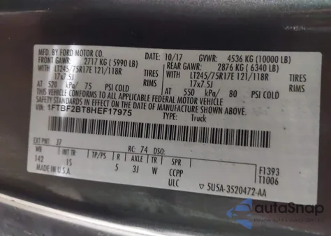 2017 Ford F-250 Xl from USA, damaged, VIN 1FTBF2BT8HEF17975